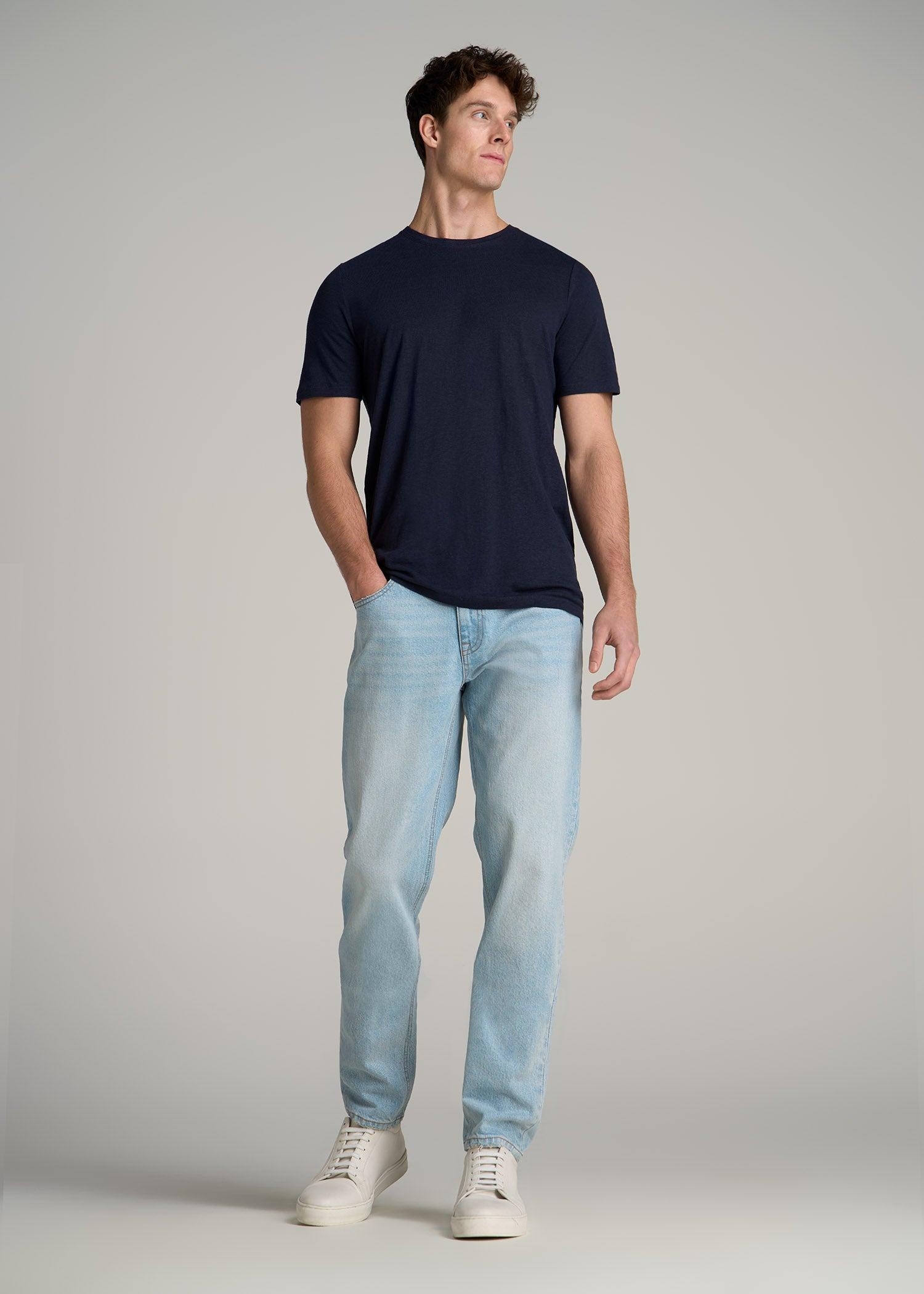 Linen Crewneck T-Shirt for Tall Men in Evening Blue Male Product Image