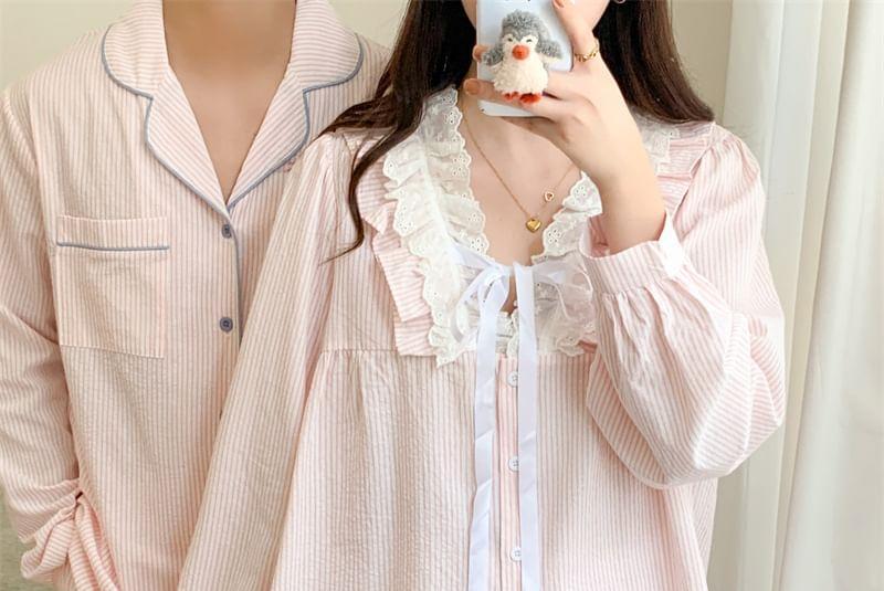 Couple Matching Striped Lace Trim Pajama Shirt / Pocket Detail Shirt / Pants / Set Product Image