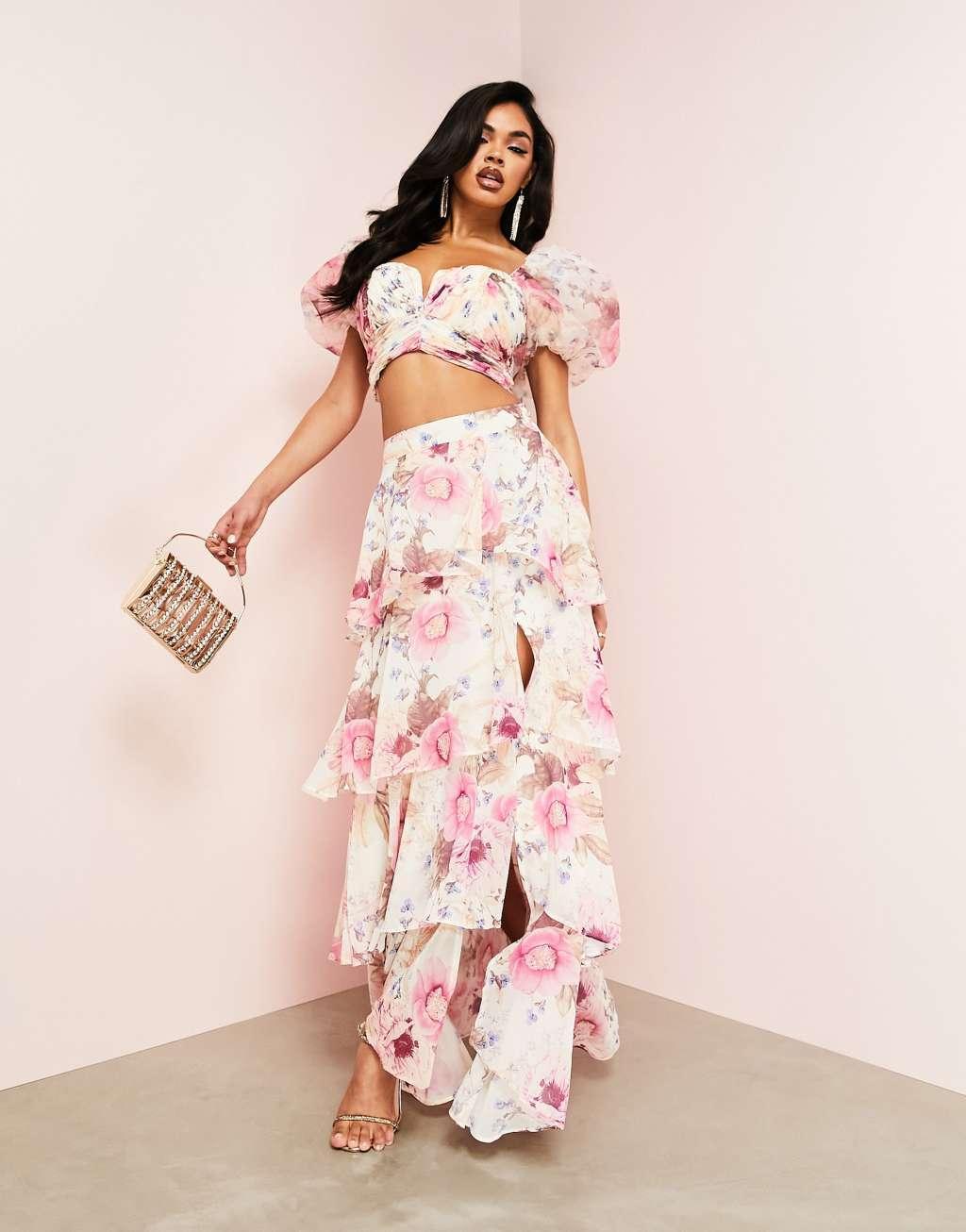 ASOS LUXE ruched wrap tiered maxi skirt in floral print - part of a set Product Image