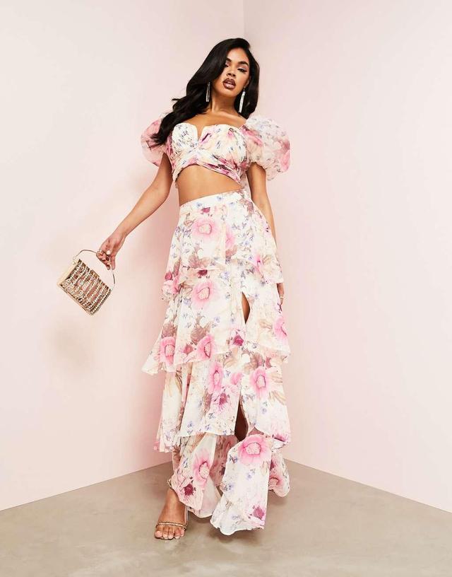 ASOS LUXE ruched wrap tiered maxi skirt in floral print - part of a set Product Image