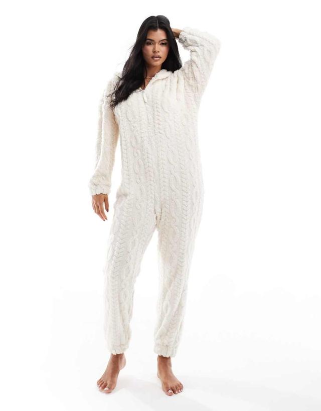 ASOS DESIGN lounge cable textured cloud fleece onesie in cream Product Image