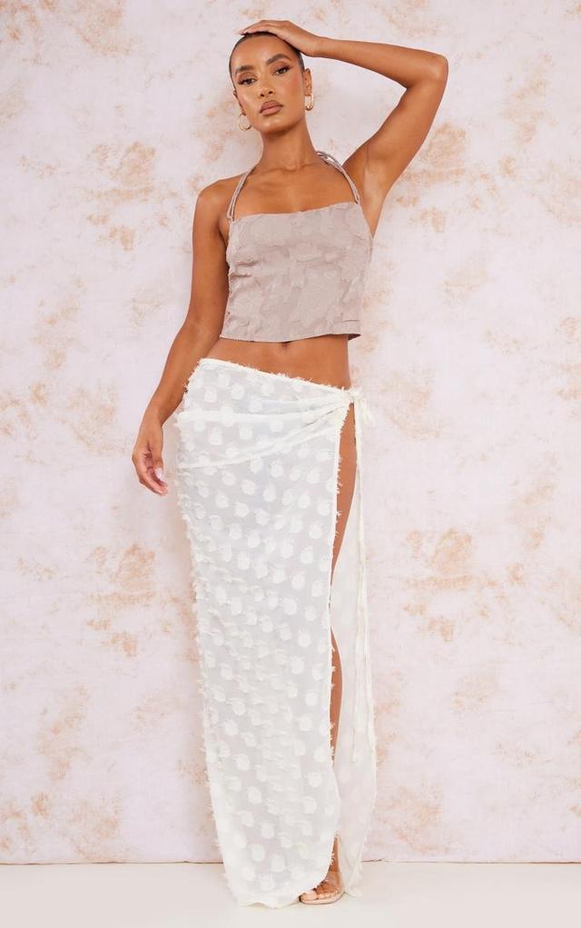 Cream Distressed Sheer Polka Dot Tie Waist Maxi Skirt Product Image