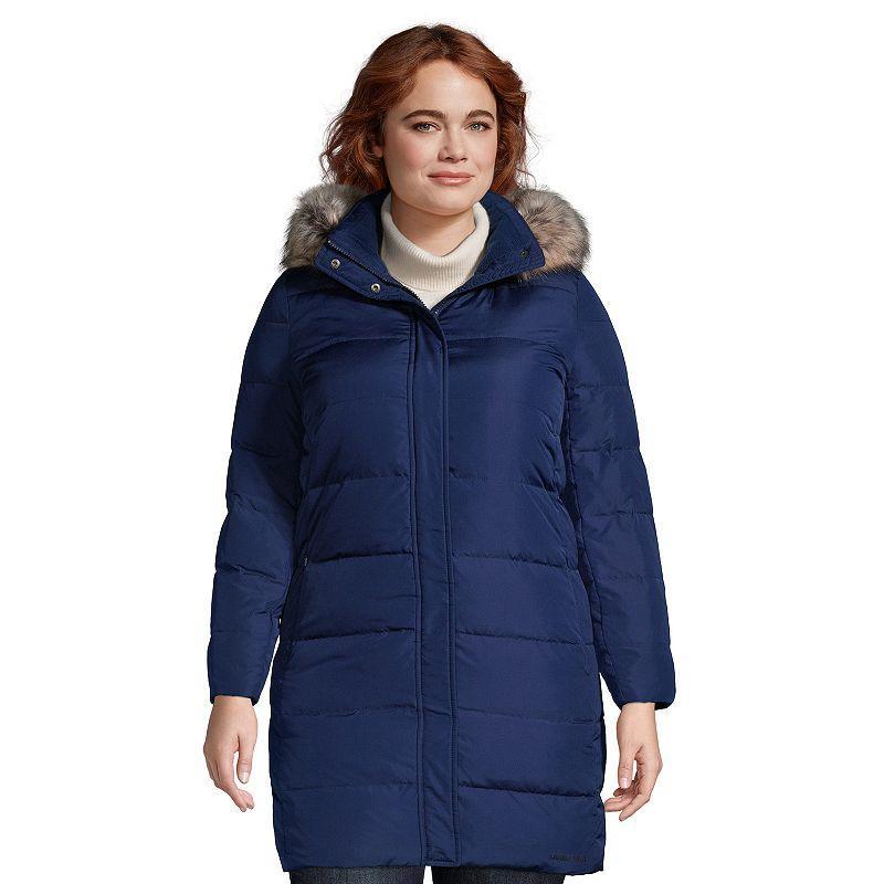 Plus Size Lands End Faux-Fur Hood Long Down Winter Coat, Womens Deep Blue Product Image