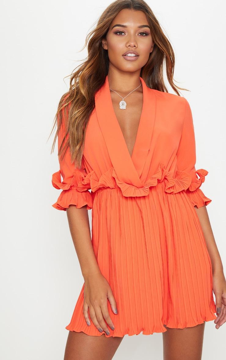 Bright Orange Frill Detail Pleated Skater Dress Product Image