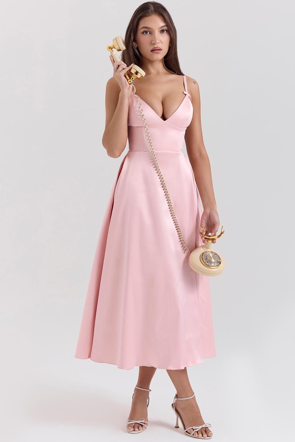 Tiffany Parisian Pink Satin A-Line Midi Dress Product Image