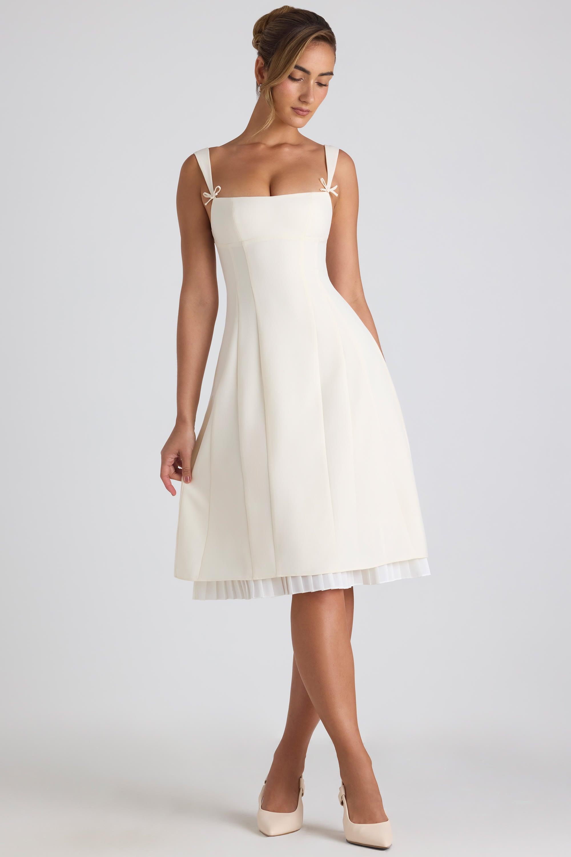 Bow-Detail Pleated A-Line Midi Dress in Ivory Product Image