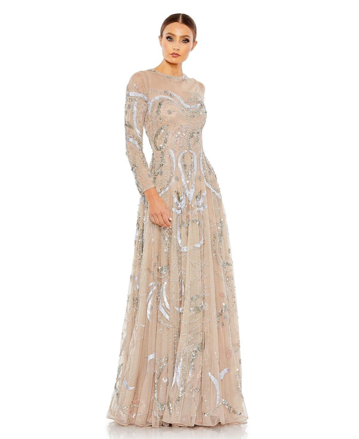 Mac Duggal Sequin Long Sleeve Mesh Gown Product Image