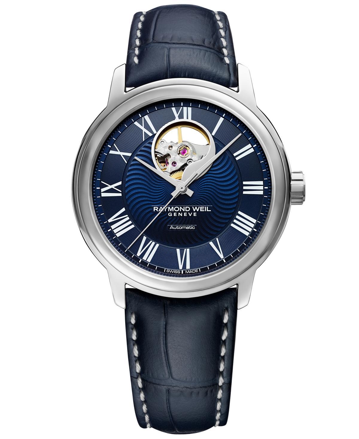 Raymond Weil Mens Swiss Automatic Maestro Blue Leather Strap Watch 39.5mm - Blue Product Image