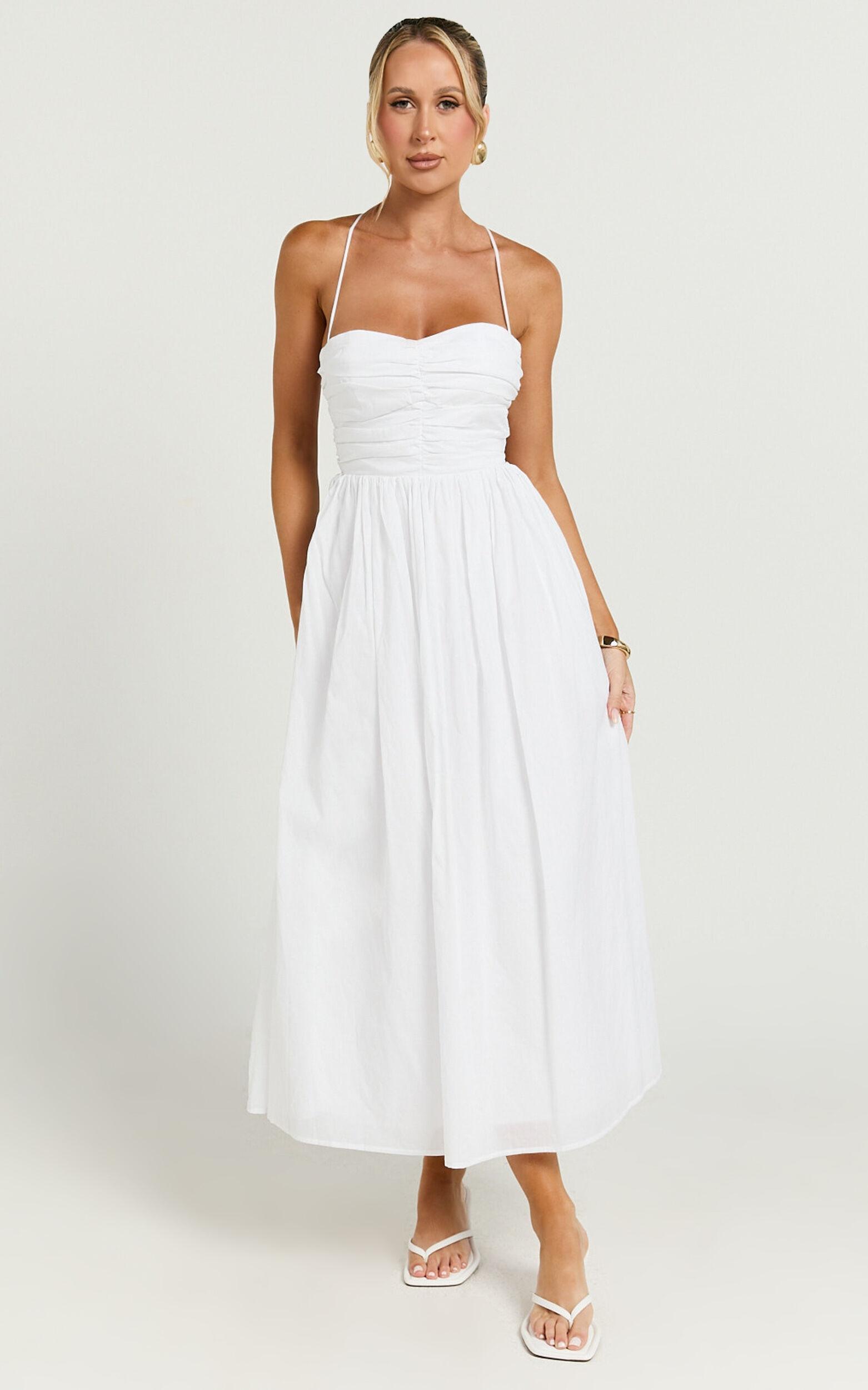 Caroline Midi Dress - Strapped Ruched Bodice Gathered Skirt Dress in White Product Image