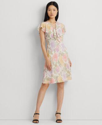 Lauren Ralph Lauren Womens Floral Bubble Crepe Tie-Neck Dress Product Image