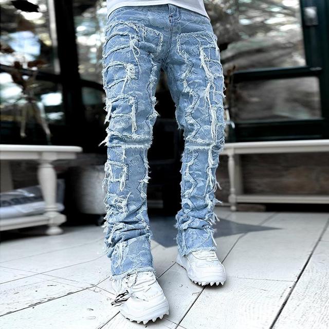 Hiphop Fashion Elastic Patch Denim Straight Pants Product Image