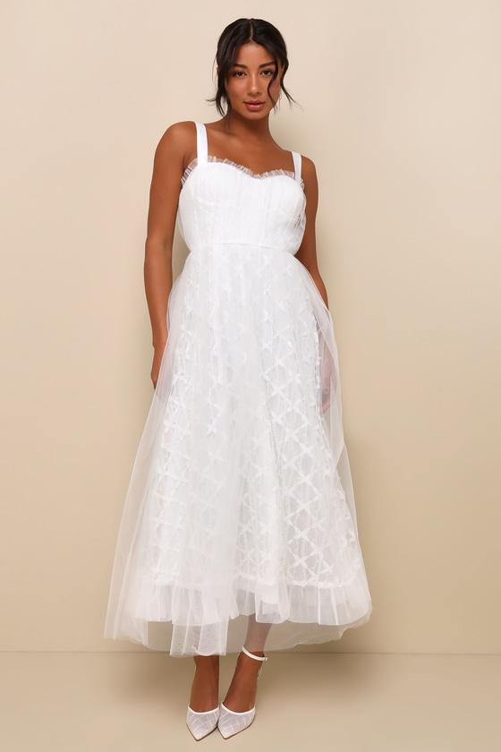 Ethereal Impression White Tulle Ruffled Bustier Midi Dress product image