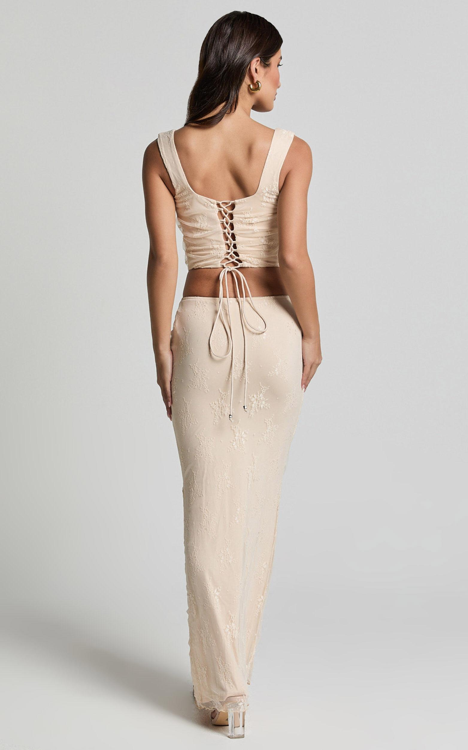 Eloise Two Piece Set - Lace Up Back Corset Top and Slip Skirt Lace Set in Champagne Product Image