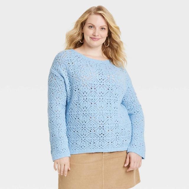 Womens Boat Neck Openwork Pullover Sweater - Universal Thread Blue XXL Product Image