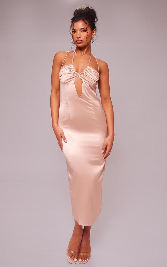 Nude Satin Halter Neck Midi Dress Product Image