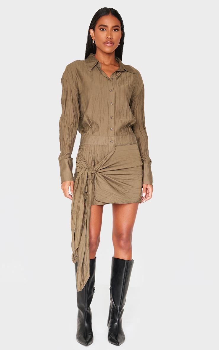 Khaki Tie Detail Shirt Dress Product Image