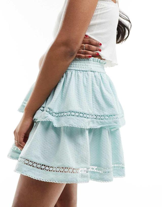 ASOS DESIGN textured cotton shirred waist lace insert rara skirt in blue Product Image