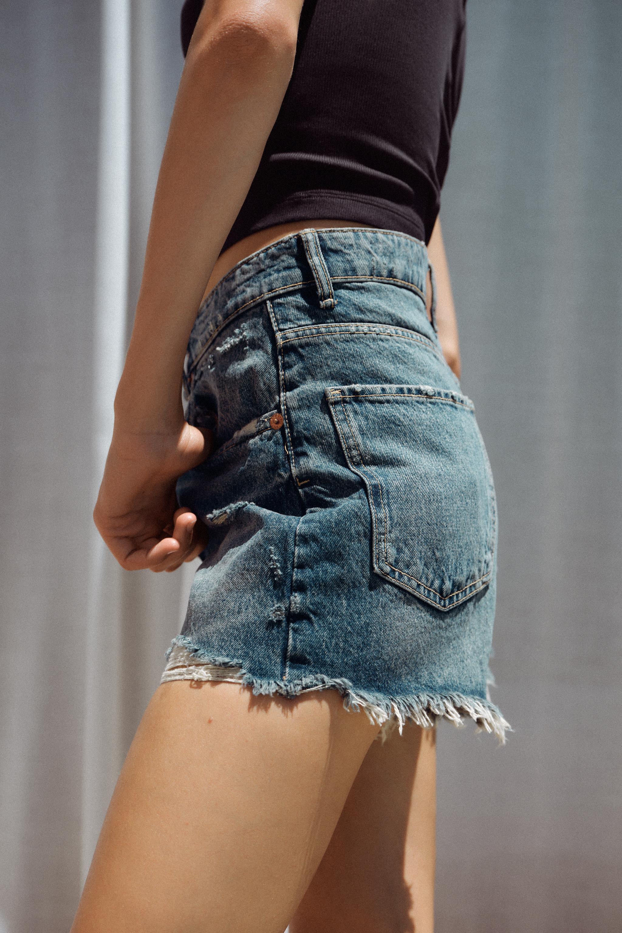 HIGH WAIST RIPPED TRF DENIM SHORTS Product Image