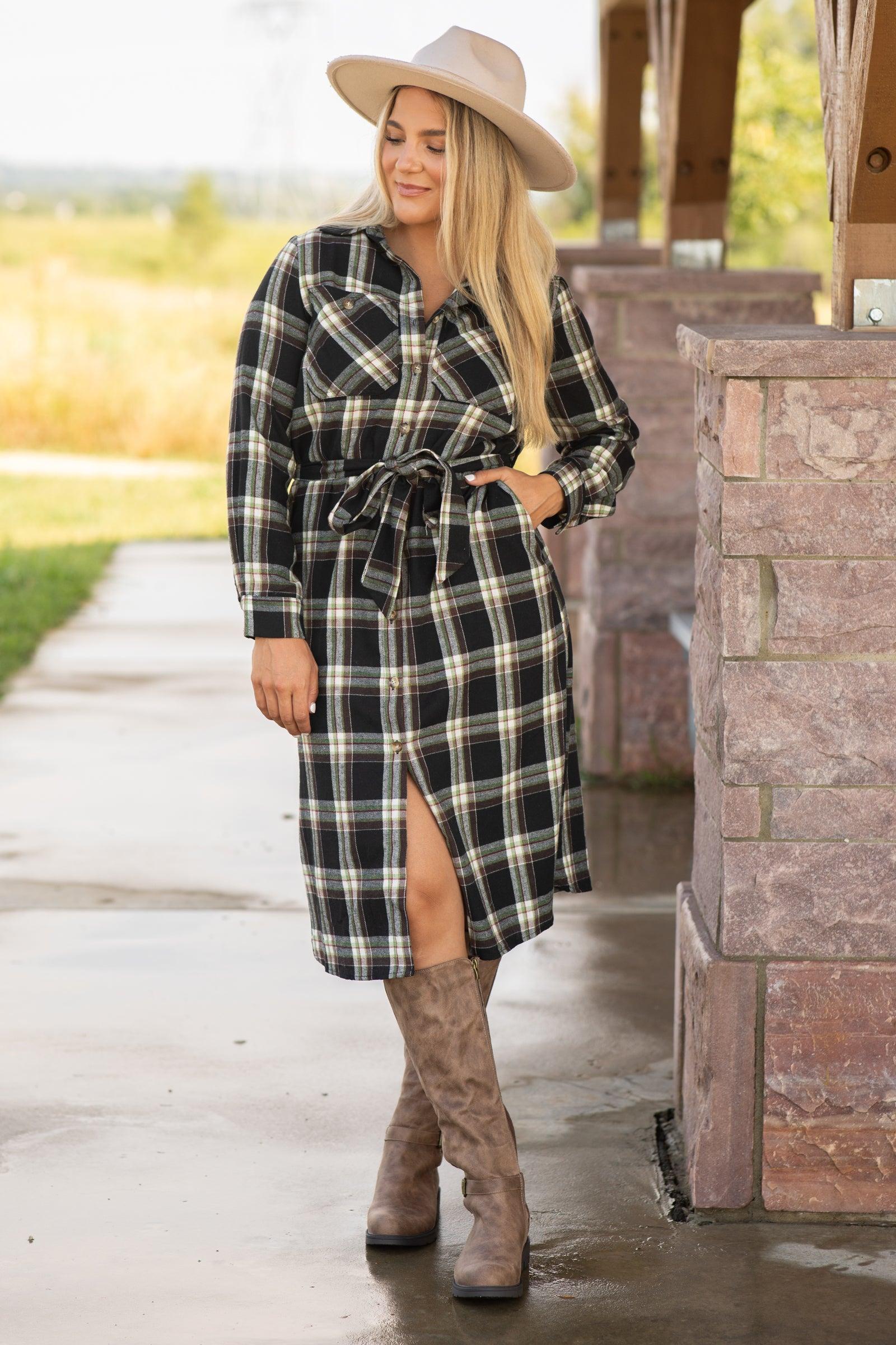 Black and Cream Plaid Self Tie Shirt Dress Product Image