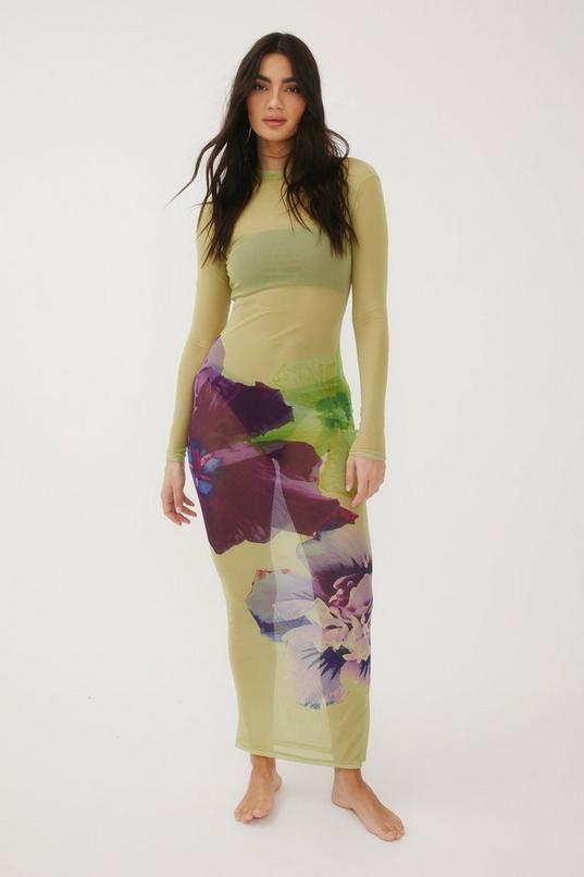 Placement Floral Mesh Maxi Dress And Bandeau Bikini 3pc Product Image