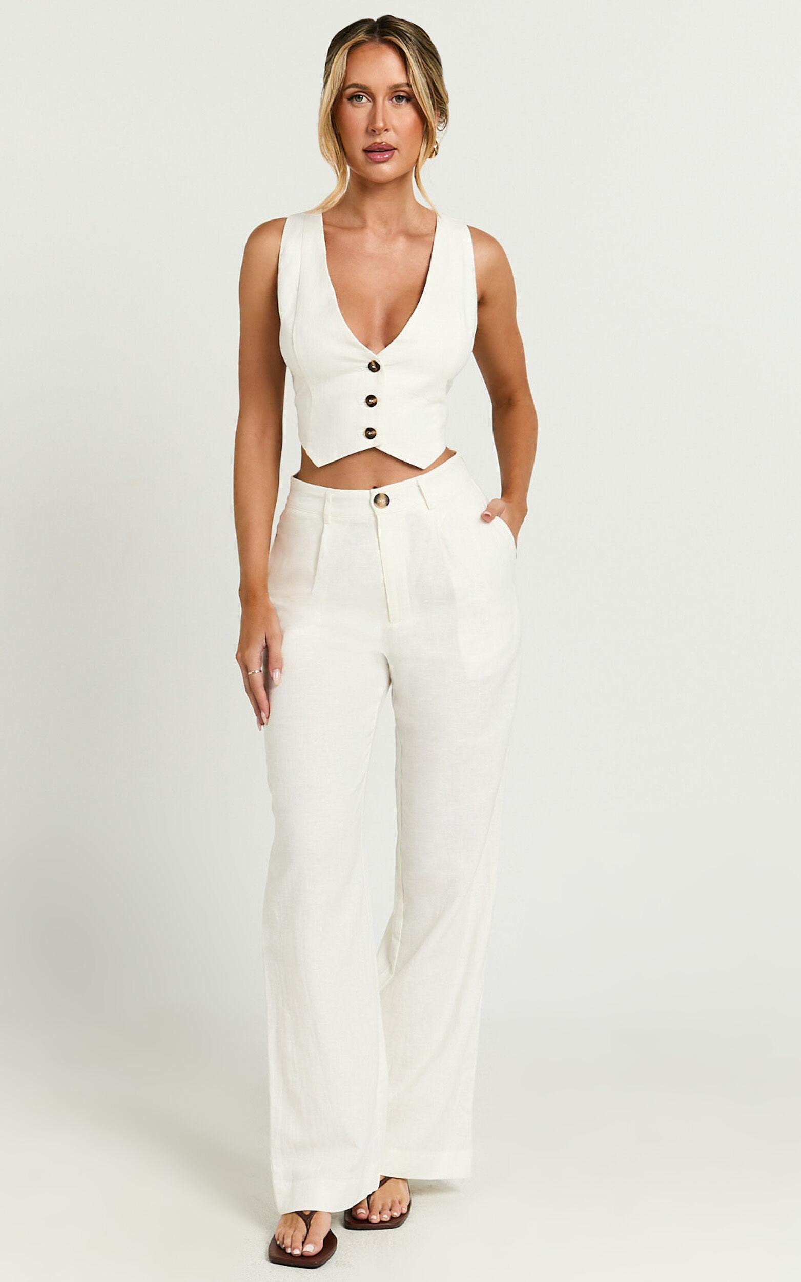 Bree Top - Linen Look V Neck Button Up Cropped Vest in White Product Image