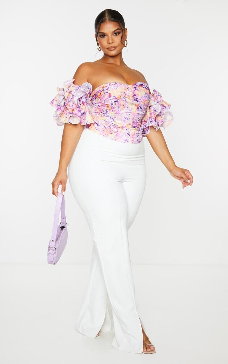 Plus Lilac Floral Print Puff Sleeve Bardot Crop Top Product Image