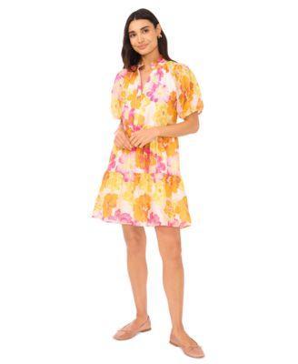 CeCe Womens Floral Print Ruffled Neck Baby Doll Tiered Dress Product Image