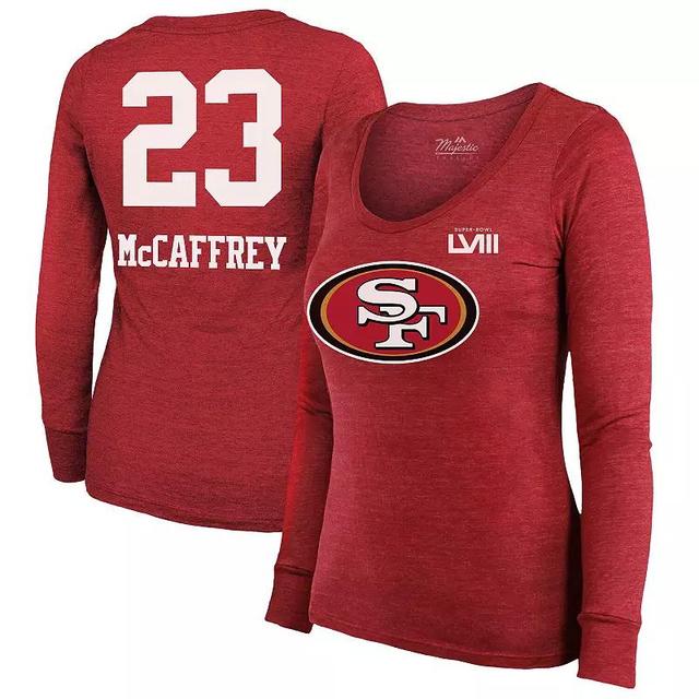 Womens Majestic Threads Christian McCaffrey Scarlet San Francisco 49ers Super Bowl LVIII Scoop Name & Number Tri-Blend Long Sleeve T-Shirt Product Image