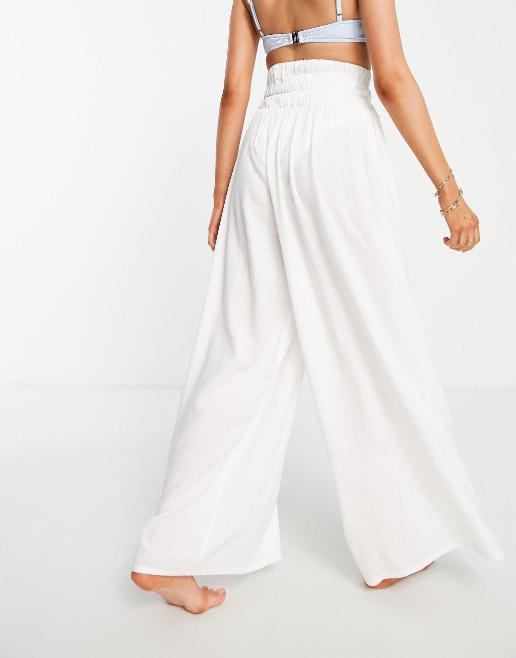 Esmee Exclusive shirred wide leg beach pants in black Product Image