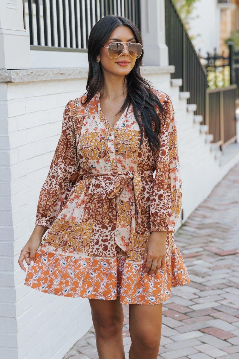 Orange Floral Print Belted Mini Dress - FINAL SALE Product Image