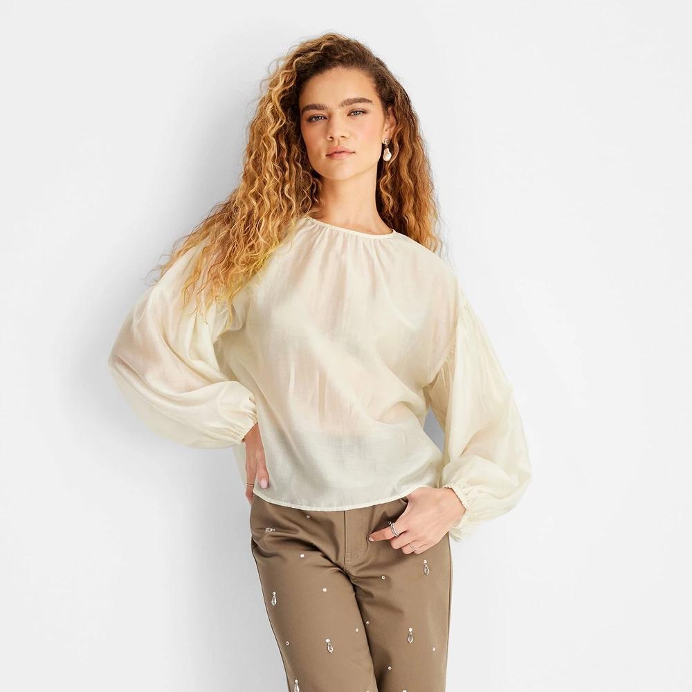 Womens Sheer Balloon Long Sleeve Blouse - Future Collective Cream Product Image