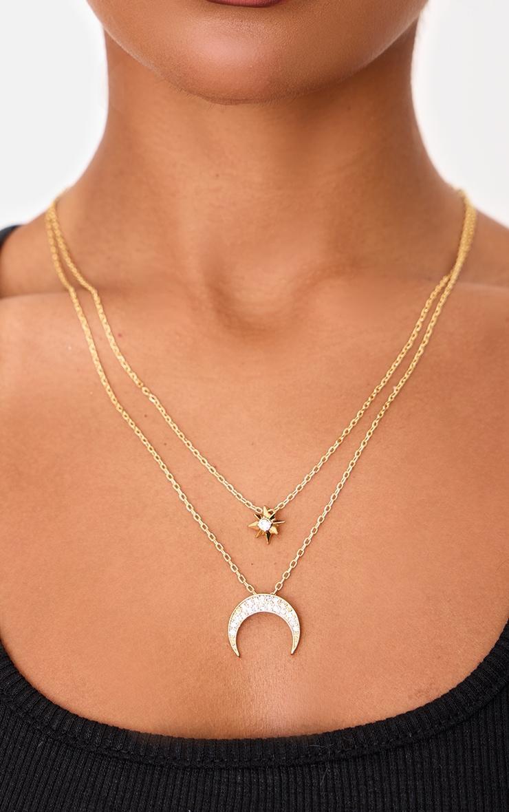 Gold Plated Diamante Sun And Moon Layered Necklace Product Image