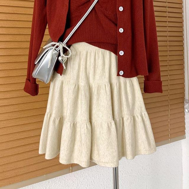 High Waist Plain Tiered Knit Mini A-Line Skirt Product Image