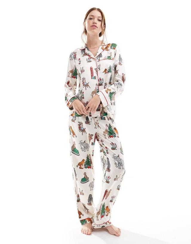 Chelsea Peers Christmas satin circus print long sleeve top and pants pajama set in cream Product Image