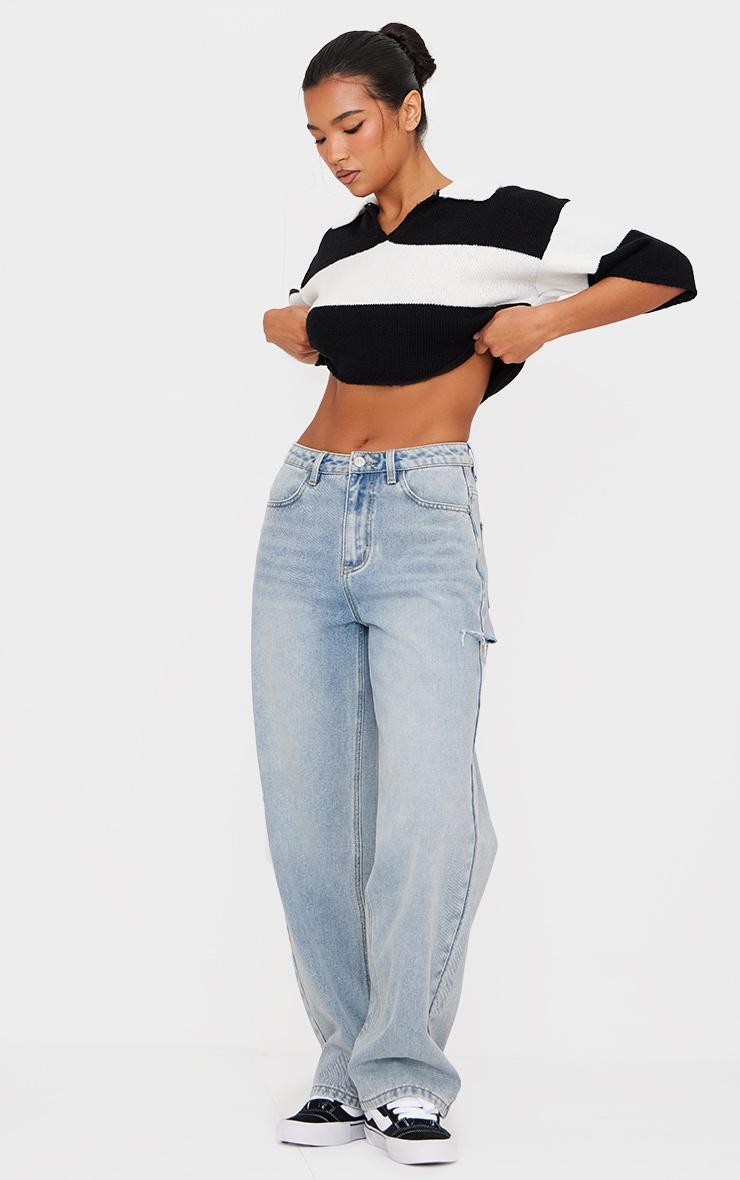 Monochrome Stripe Knit V Neck Cropped Rugby Top Product Image