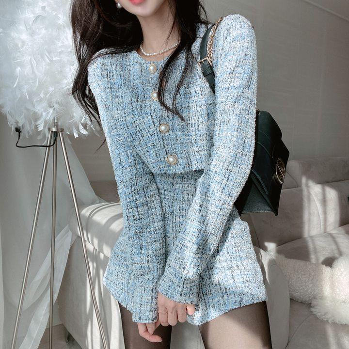 Set: Crew Neck Tweed Crop Button-Up Jacket + High Waist Wide Leg Shorts Product Image