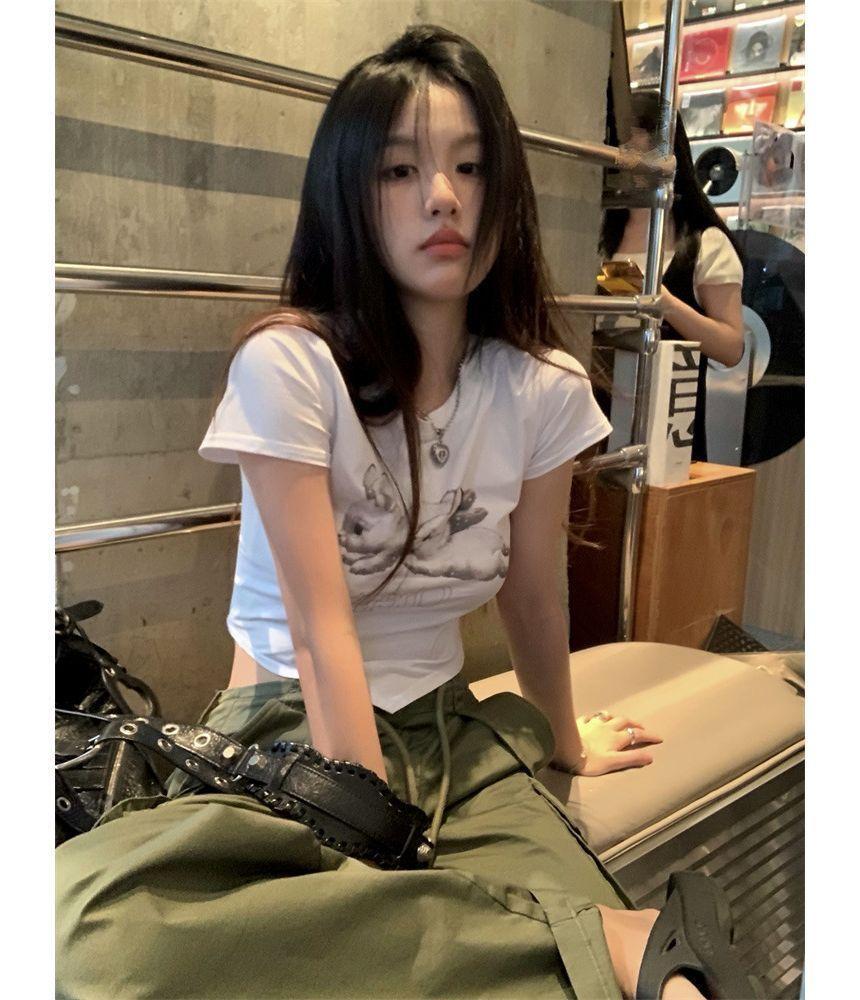 Short-Sleeve Rabbit Print Asymmetrical Cropped T-Shirt / Wide Leg Pants Product Image