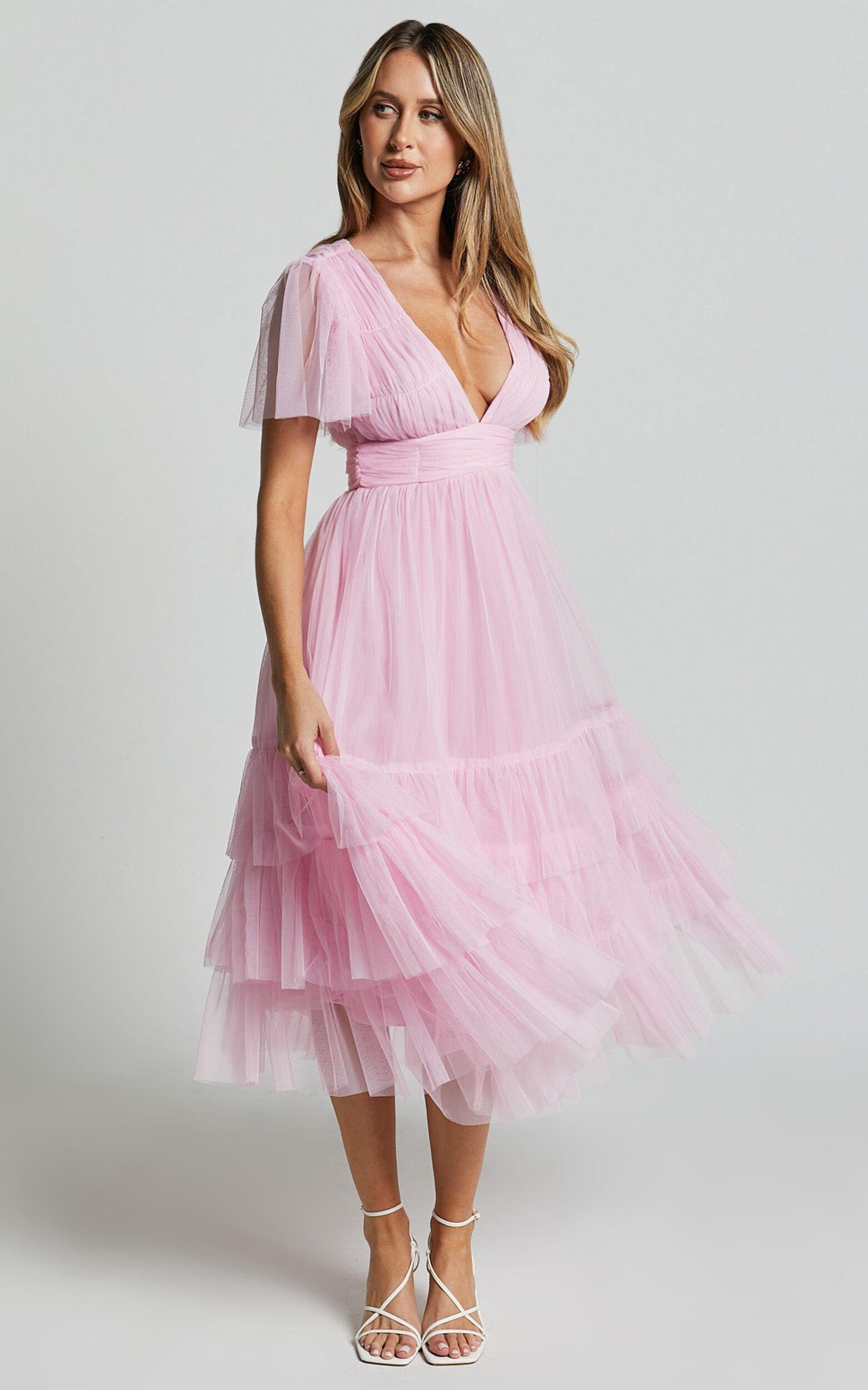 Jiraye Midi Dress - Flutter Sleeve Tuelle Plunge Dress in Ballet Pink Product Image