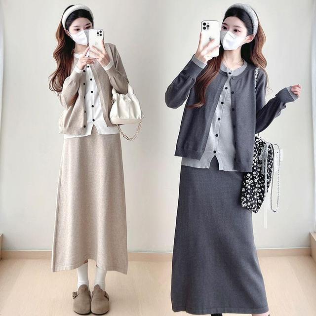 Set: Button-Up Cardigan + High Rise Maxi A-Line Skirt Product Image