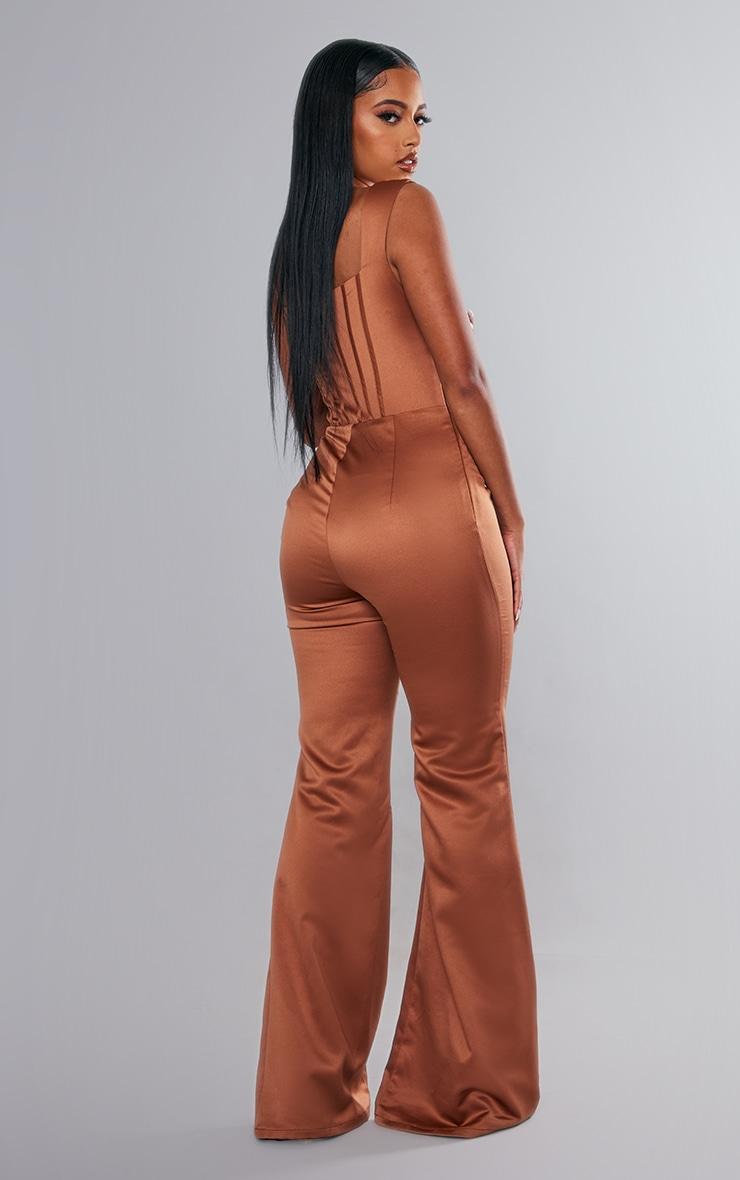 Rust Satin Lace Up Boned Strappy Wide Leg Jumpsuit Product Image