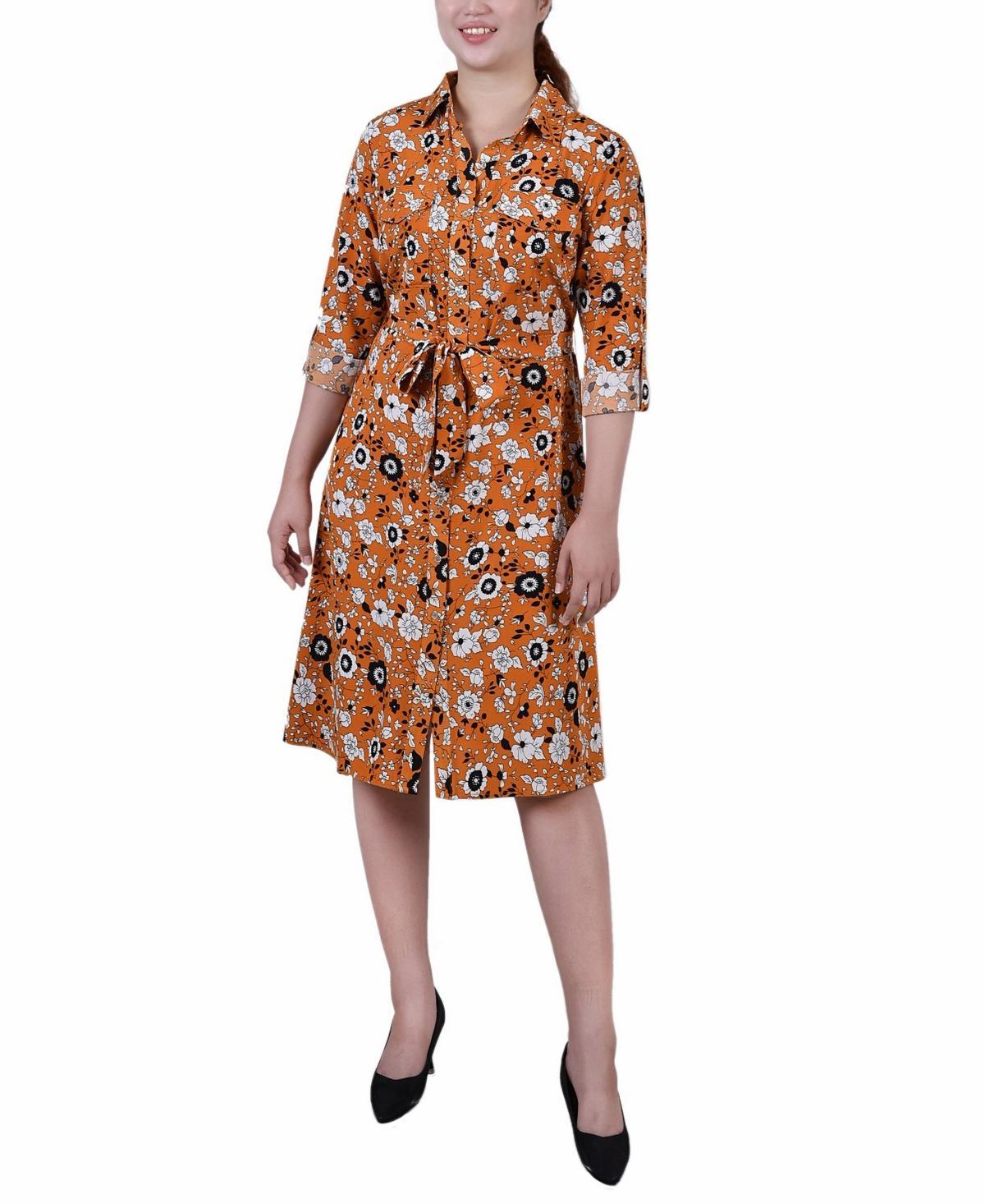 Ny Collection Petite Geometric Printed Long Sleeve Roll Tab Shirtdress Product Image