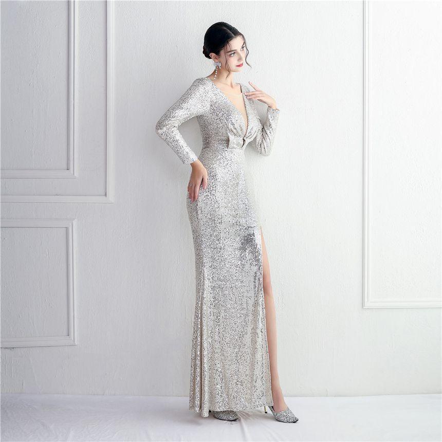 Long-Sleeve Deep Plunge Sequin Panel Mesh Slit Mermaid Evening Gown Product Image