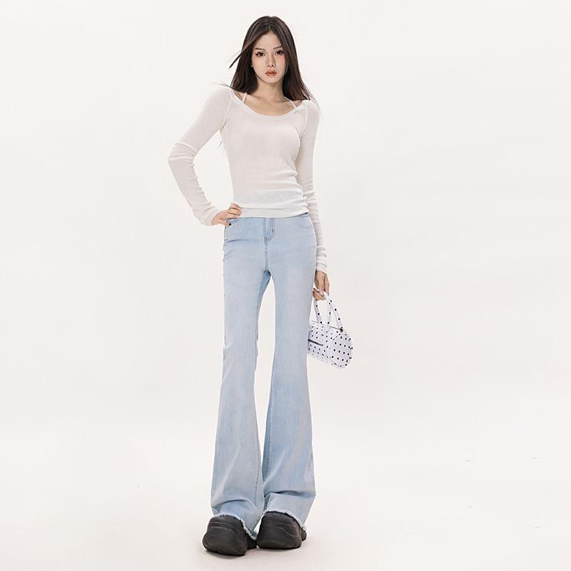 Low Waist Washed Frayed Flared Jeans (Various Designs) Product Image