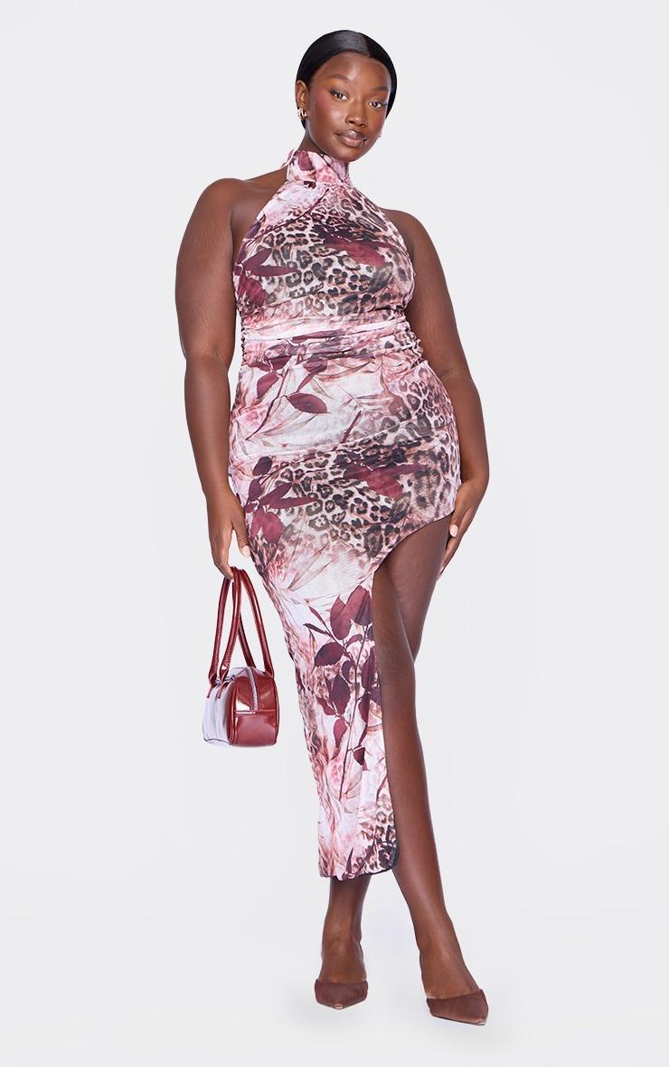 Plus Pink Mesh Floral Print Halteneck Ruched Midi Dress Product Image