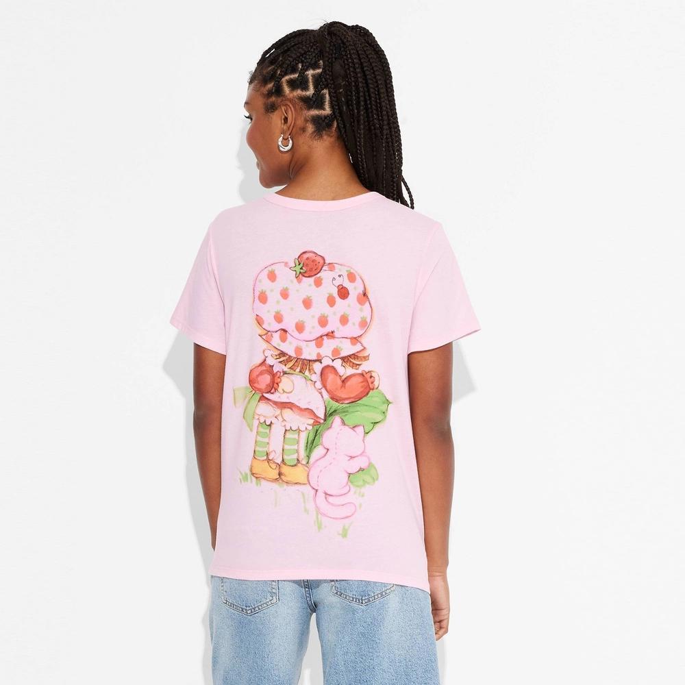 Women's Oversized Print Strawberry Shortcake Short Sleeve Graphic T-Shirt - Pink XS Product Image