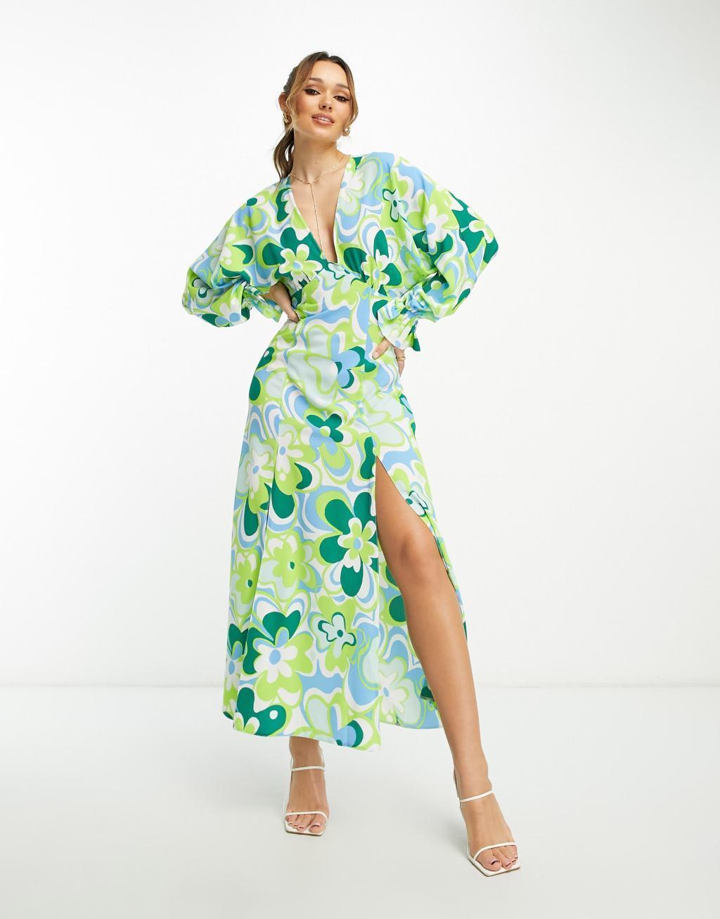 ASOS DESIGN plunge batwing maxi dress in green retro floral Product Image