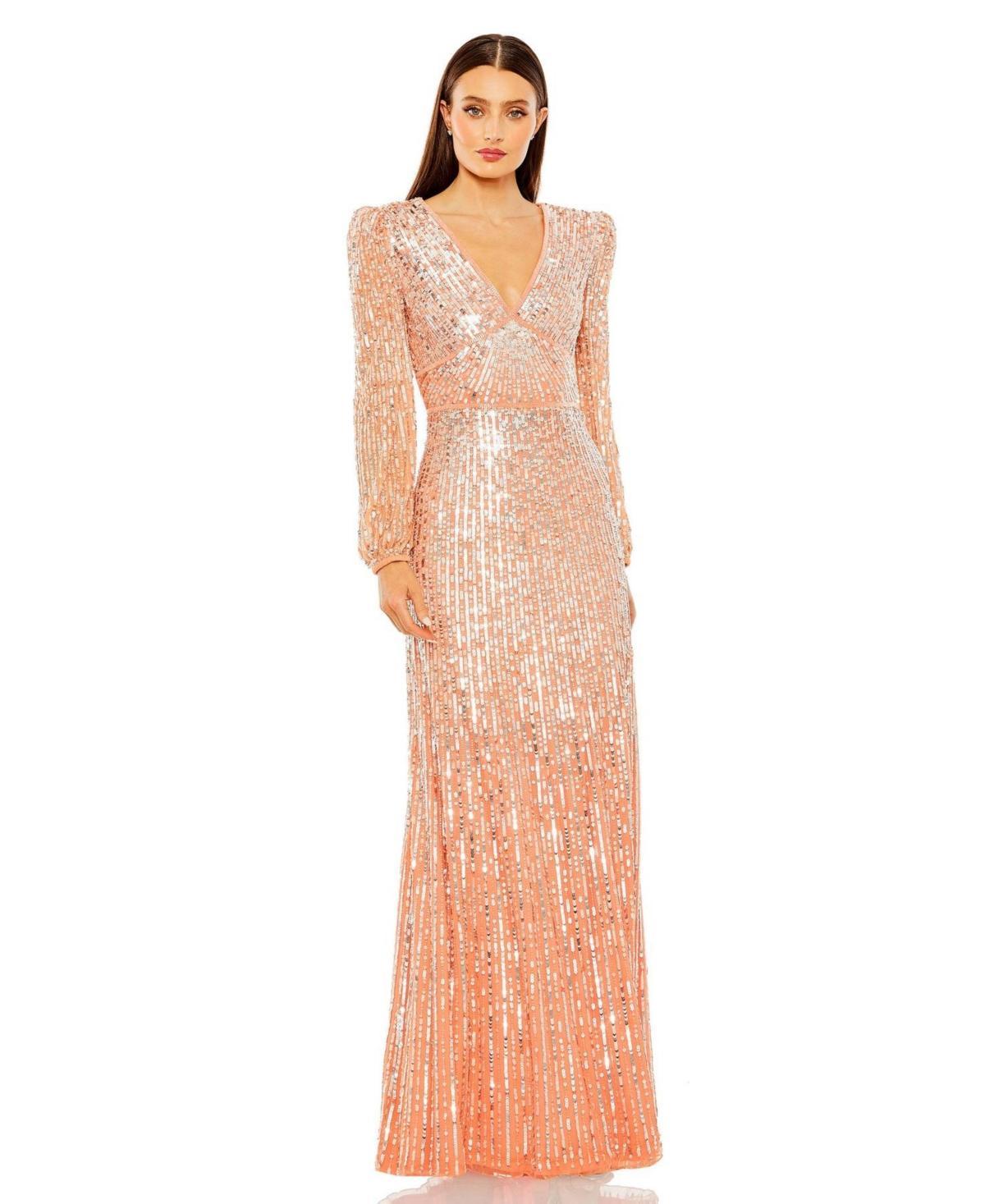 Womens V Neck Empire Waist Puff Shoulder Sequin Embellished Gown Product Image