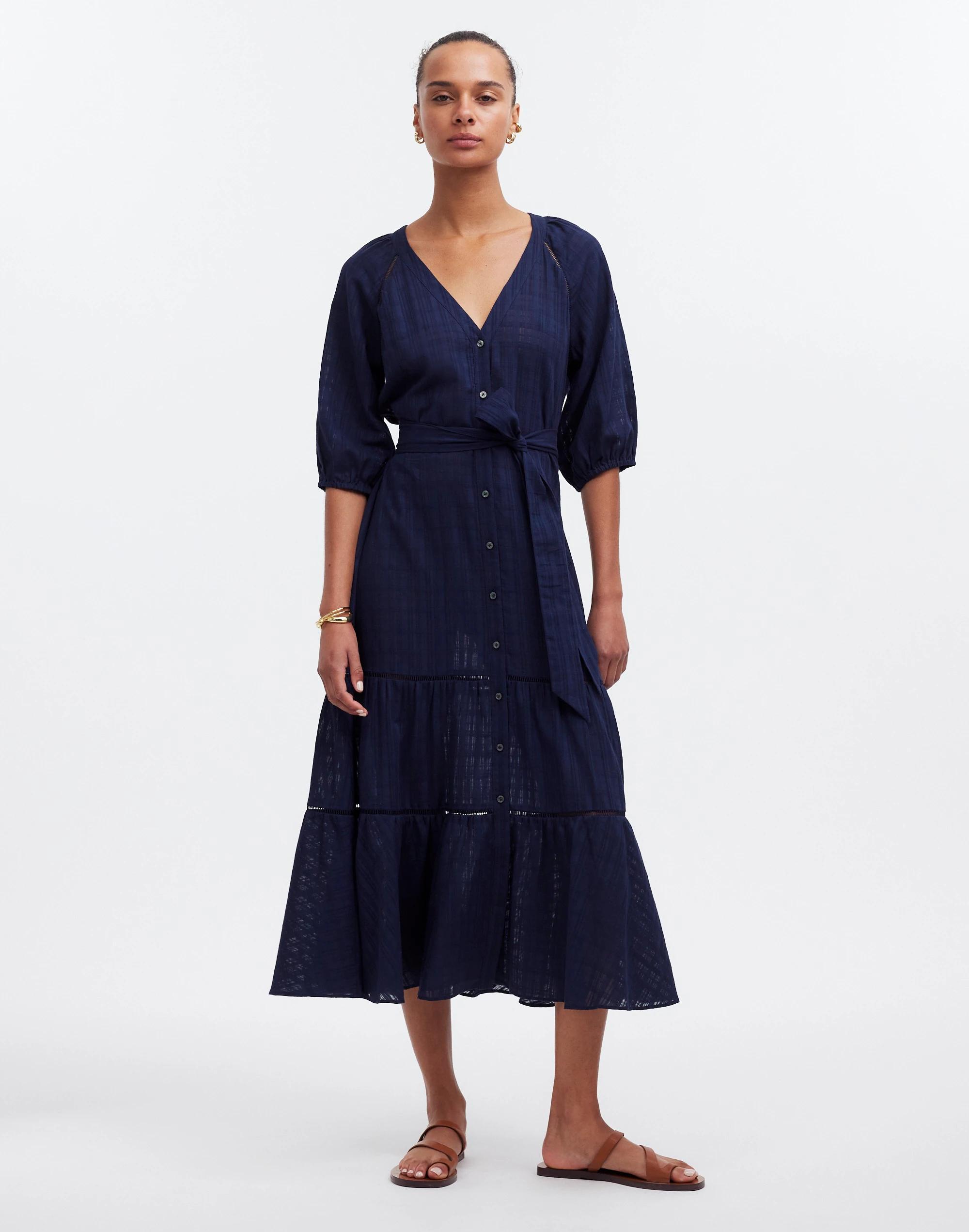 Tie-Waist Tiered Midi Dress in Windowpane Product Image