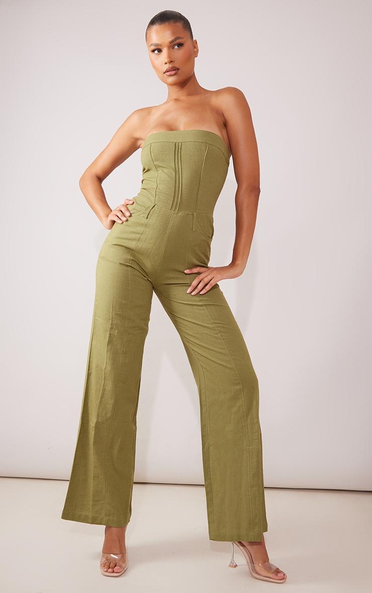 Khaki Linen Look Bandeau Tailored Jumpsuit Product Image