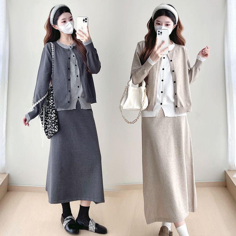 Set: Button-Up Cardigan + High Rise Maxi A-Line Skirt Product Image